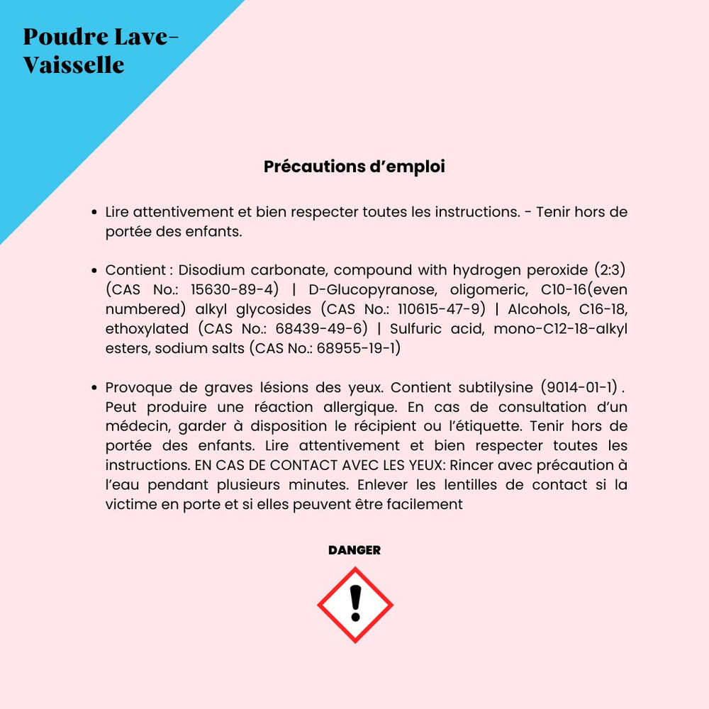 Précautions d'emploi poudre lave-vaisselle